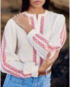 Rechte blouse van Brielle met wit/oranje kasjmierborduursel