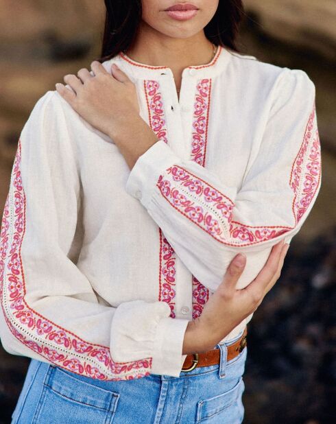 Rechte blouse van Brielle met wit/oranje kasjmierborduursel