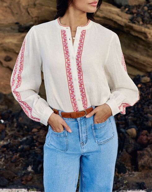 Rechte blouse van Brielle met wit/oranje kasjmierborduursel