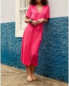 Raveny, wijd uitlopende midi-jurk in fuchsia, dobby