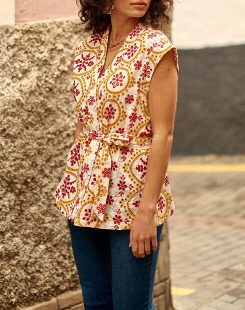 Ärmellose Samtjacke mit zweifarbiger englischer Stickerei