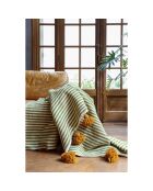 Plaid berbero con pompon senape a strisce kaki - 250x150 cm
