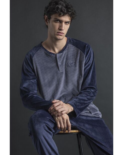 Marineblauer gestreifter Basic-Pyjama aus Samt