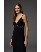 BM-1851 schwarzes Set aus Bademantel und Nachthemd mit Riemen mit Spitzenbesatz