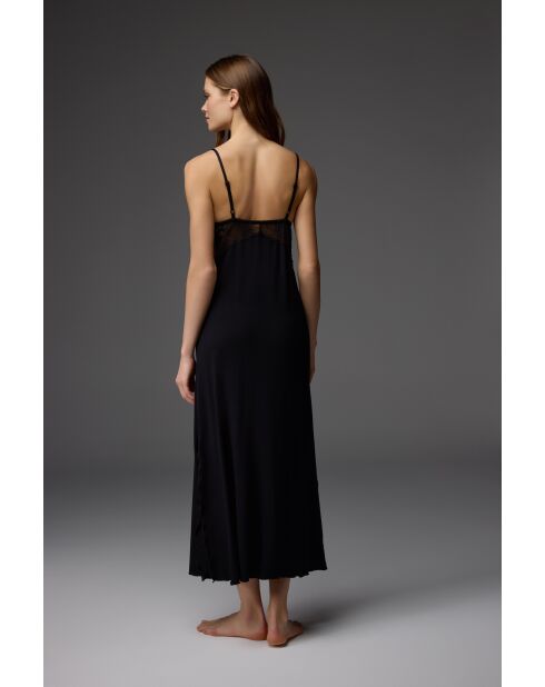 BM-1851 schwarzes Set aus Bademantel und Nachthemd mit Riemen mit Spitzenbesatz