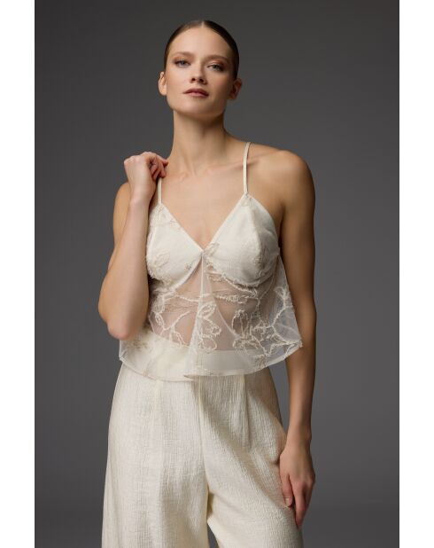 Conjunto de pijama de encaje de 3 piezas color crema BM-1825