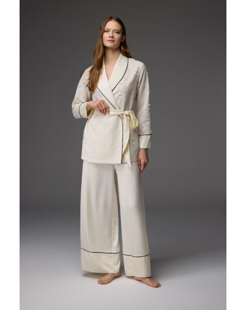 BM-1816 ecru jacquard badjas en satijnen broek set