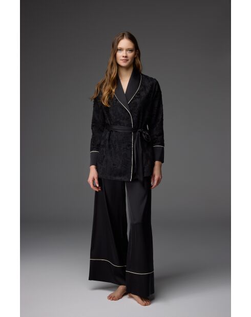 Conjunto de bata negra de jacquard y pantalón satinado BM-1816