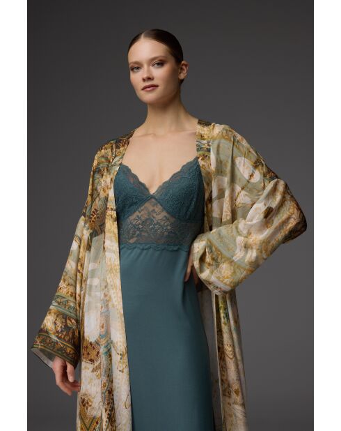 BM-1836 groen/veelkleurige kanten badjas en nachtjapon set