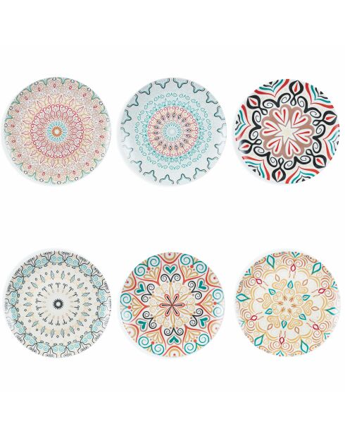 6 platos de frutas multicolores