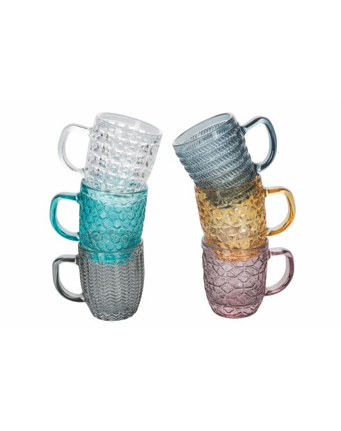6 Tasses à café en verre à motifs géométriques multicolores - 9 cl