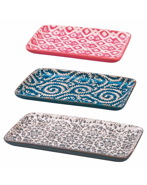 3 platos rectangulares rojo/azul/gris - 23x12,3x2 cm