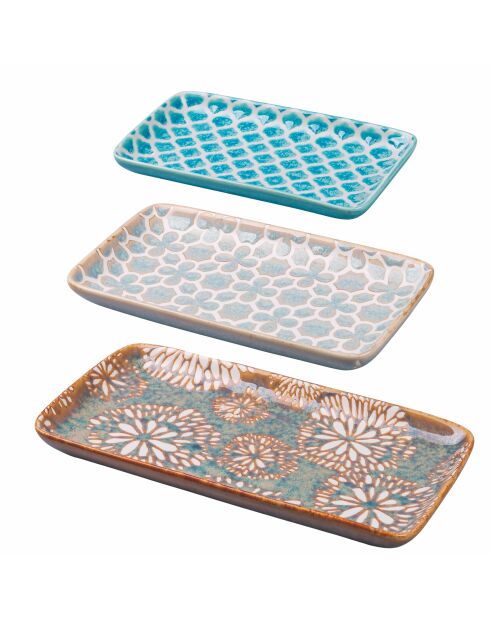 3 platos rectangulares azul/gris/beige - 23x12,3x2 cm