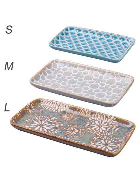 3 platos rectangulares azul/gris/beige - 23x12,3x2 cm