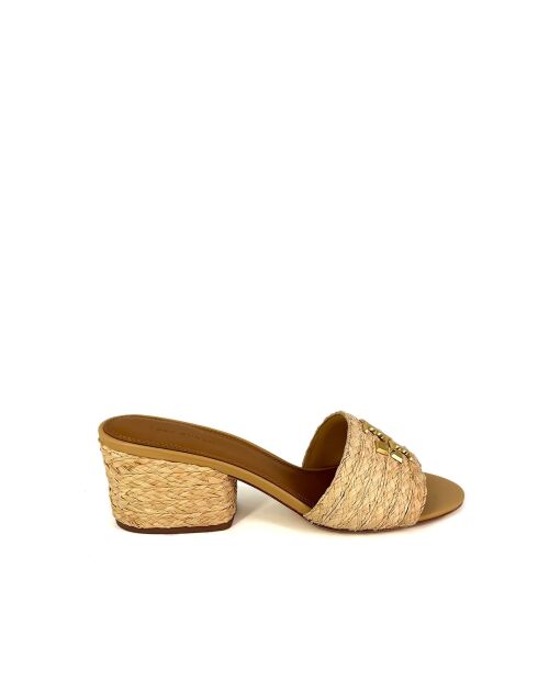 Everly lichte taupe muiltjes van raffia met vierkante hak