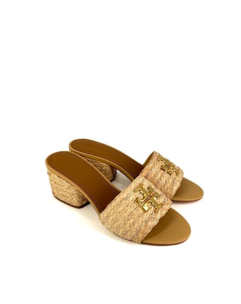 Everly lichte taupe muiltjes van raffia met vierkante hak