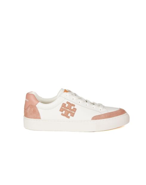 Poederachtige roze/witte leren sneakers met kleurblokken