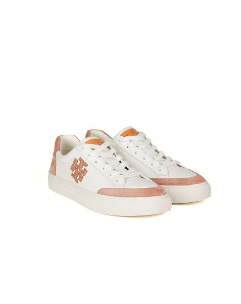 Poederachtige roze/witte leren sneakers met kleurblokken