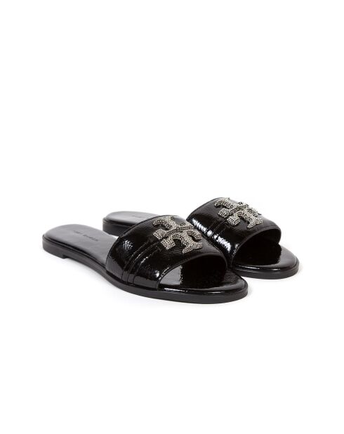 Everly Slide platte sandalen van leer, zwart/kristal/zilver