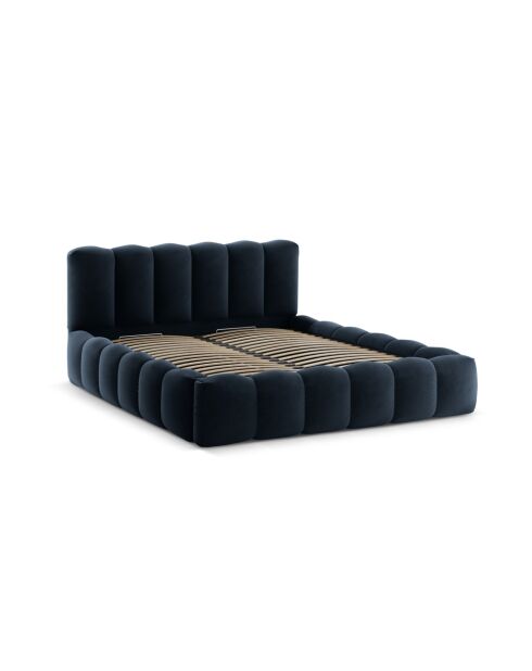 Cama cómoda Cameron de terciopelo con cabecera azul oscuro - 226x186x95 cm