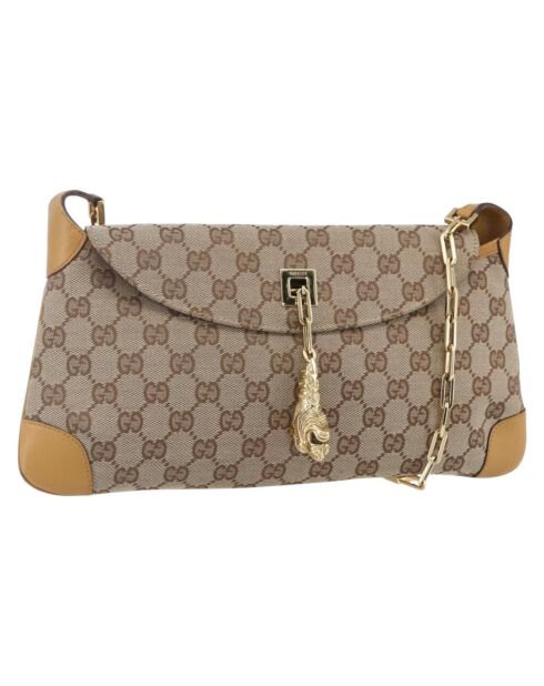 Beigefarbene Schultertasche mit Tiger-Charm - 32x15x32 cm - Guter Zustand