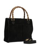 Vintage-Tragetasche aus Bambus mit Fronttasche Schwarz - 20x18x11 cm - Guter Zustand