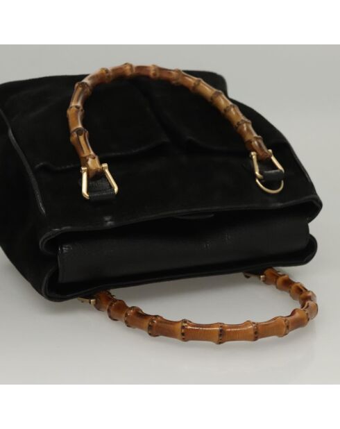 Vintage-Tragetasche aus Bambus mit Fronttasche Schwarz - 20x18x11 cm - Guter Zustand