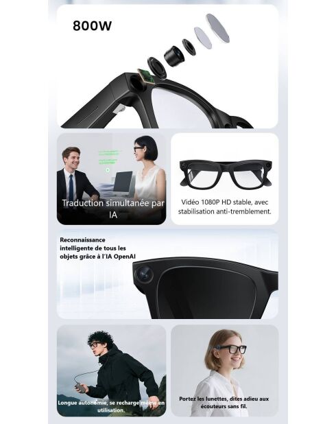 Lunettes Connectées AI avec Caméra 8MP & Audio Bluetooth