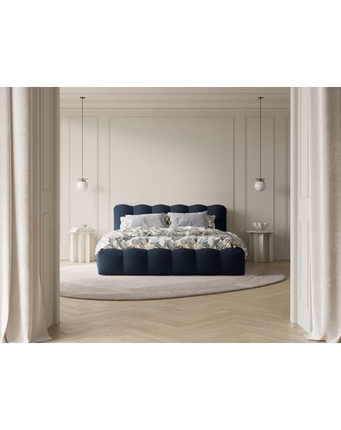 Lit coffre en velours avec tête de lit Cameron bleu foncé - 226x166x95 cm