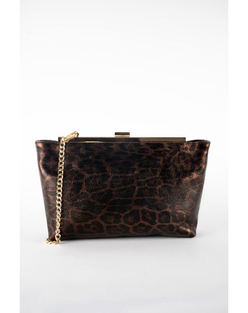 Zwarte leren schoudertas met bruin luipaardpatroon - 28x15x8 cm