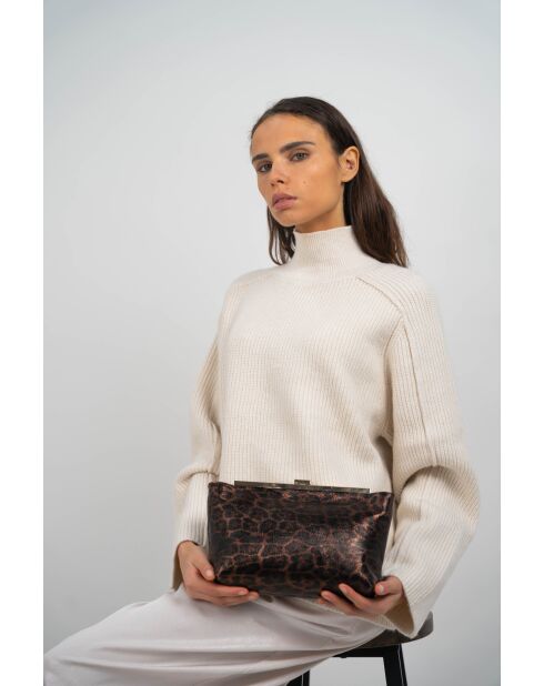 Zwarte leren schoudertas met bruin luipaardpatroon - 28x15x8 cm