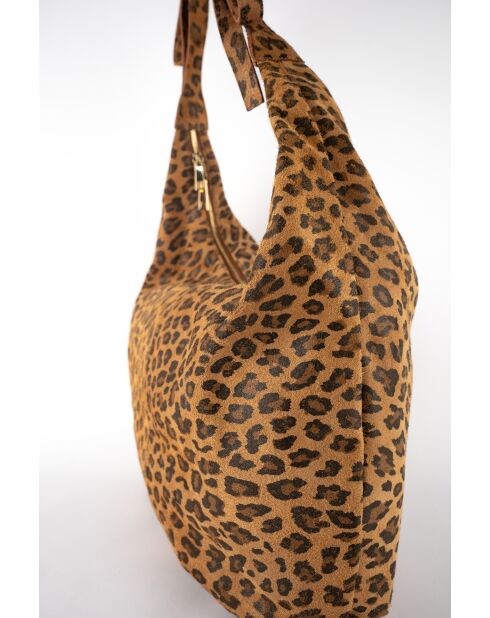 Kaelis Schultertasche aus Samt aus Leder mit kamelfarbenem Leopardenmuster - 47x35x6 cm