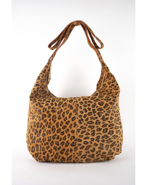 Kaelis Schultertasche aus Samt aus Leder mit kamelfarbenem Leopardenmuster - 47x35x6 cm