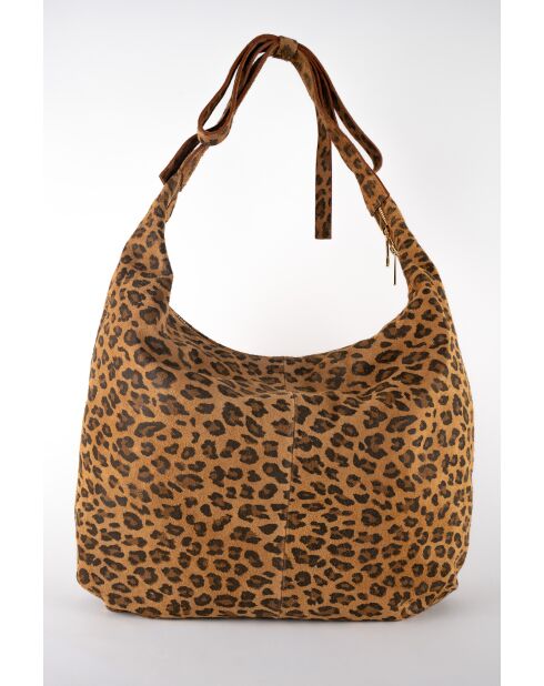 Kaelis Schultertasche aus Samt aus Leder mit kamelfarbenem Leopardenmuster - 47x35x6 cm