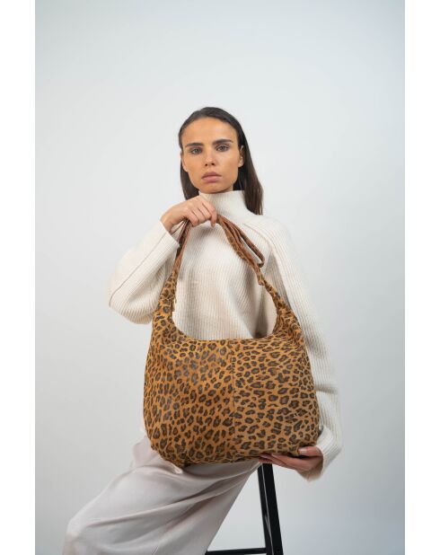 Kaelis Schultertasche aus Samt aus Leder mit kamelfarbenem Leopardenmuster - 47x35x6 cm