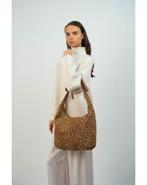 Kaelis Schultertasche aus Samt aus Leder mit kamelfarbenem Leopardenmuster - 47x35x6 cm