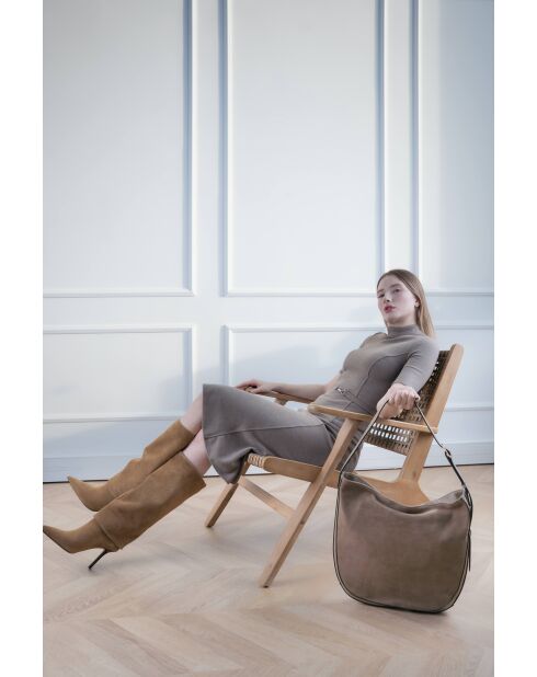 Moss Taupe fluwelen leren schoudertas - 39x33x6 cm