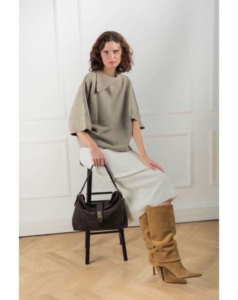 Ella moka fluwelen leren schoudertas - 25x29x9 cm