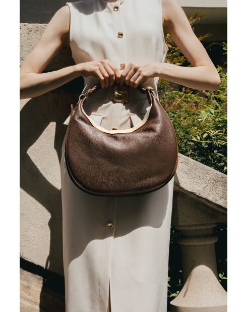 Siana Camel/gebroken witte leren schoudertas - 33x27x6 cm