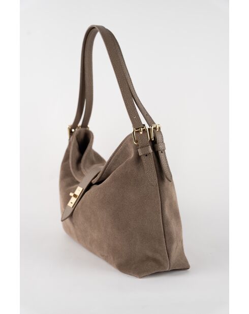 Ella taupe fluwelen leren schoudertas - 25x29x9 cm