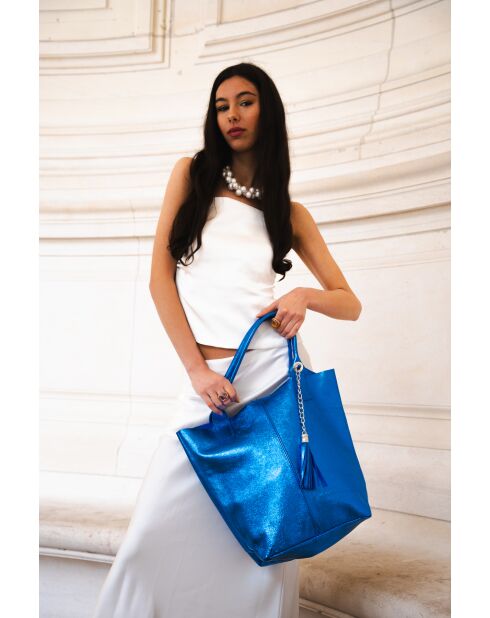 Metalen blauwe leren draagtas Yana - 37x25x35 cm