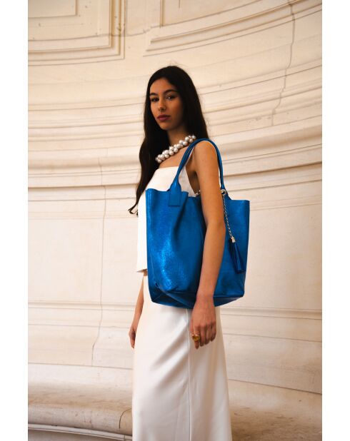Metalen blauwe leren draagtas Yana - 37x25x35 cm