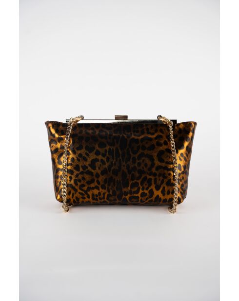 Zwarte leren schoudertas met kameel luipaardpatroon - 28x15x8 cm