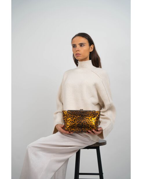 Zwarte leren schoudertas met kameel luipaardpatroon - 28x15x8 cm