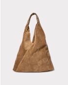 Sac Cabas en Velours de Cuir Deni Taupe - 40x47 cm