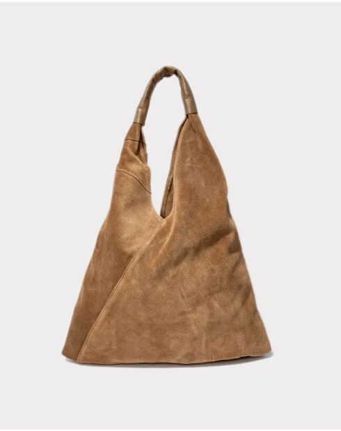 Sac Cabas en Velours de Cuir Deni Taupe - 40x47 cm