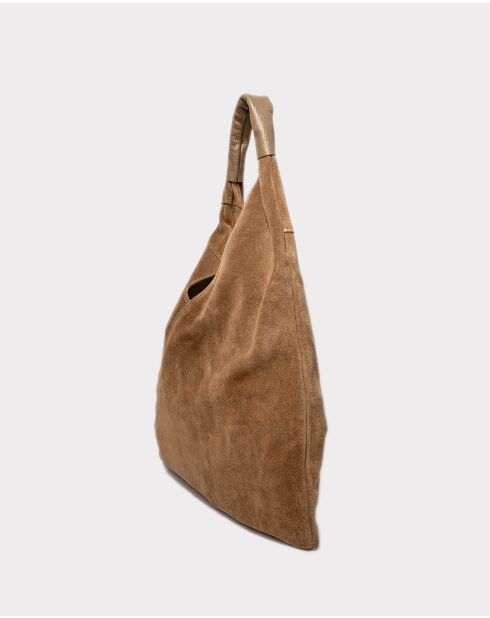 Sac Cabas en Velours de Cuir Deni Taupe - 40x47 cm