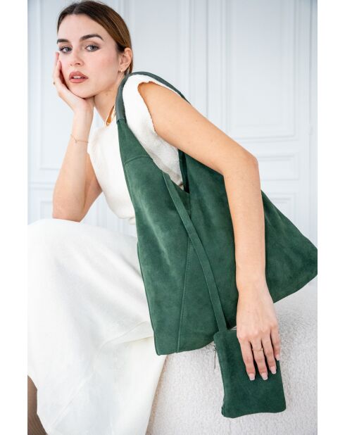 Sac à main en Velours de Cuir Deni Vert Militaire - 40x47 cm