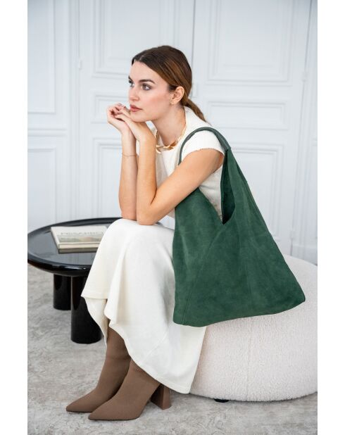 Sac à main en Velours de Cuir Deni Vert Militaire - 40x47 cm