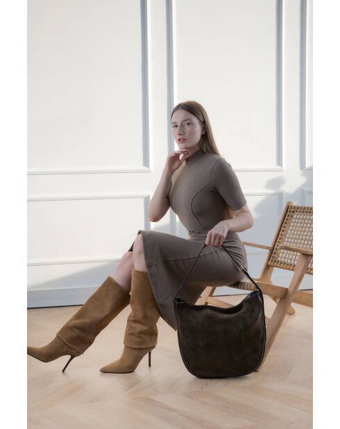 Sac porte épaule en Velours de Cuir Moss Moka - 39x33x6 cm